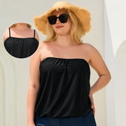 Ocean Blue Removable Straps Women's Plus Size Loose Fit Blouson Bandeau Tankini Top Bathing Suit Strapless Tankinis Swimsuits Black
